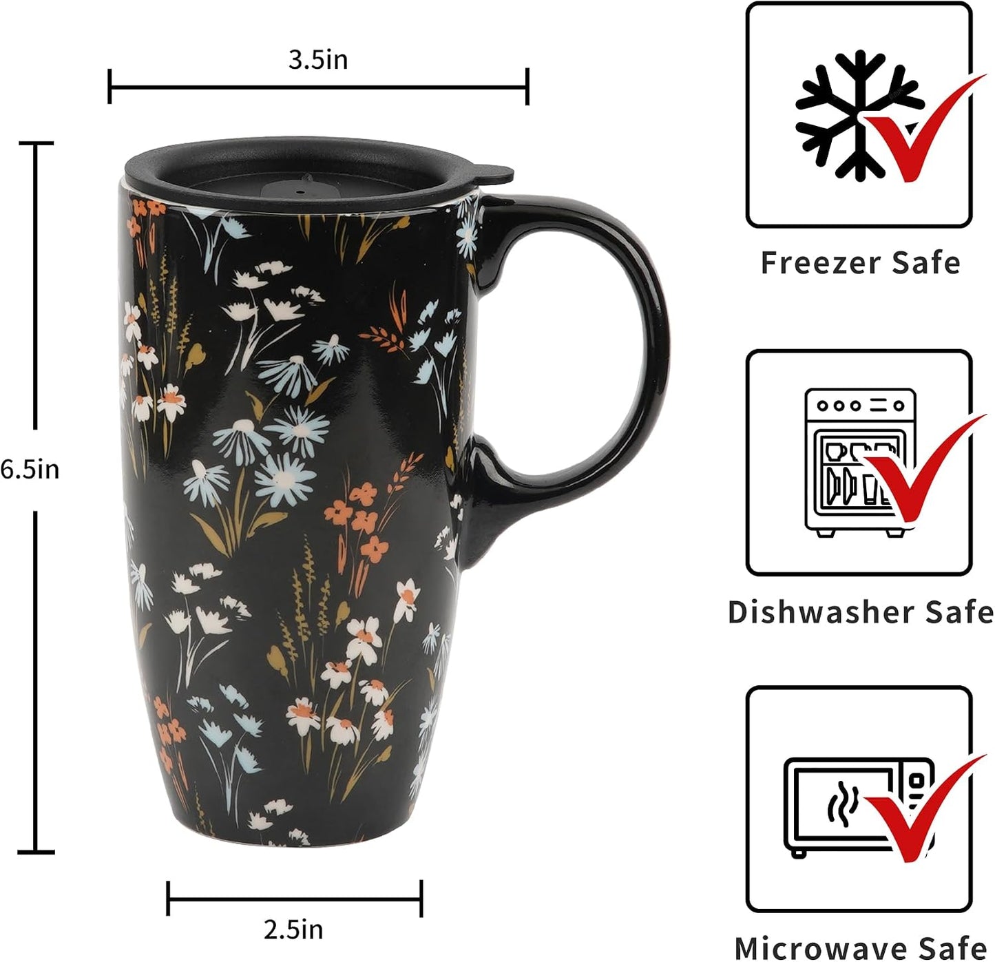 17 oz Ceramic Travel Mug with Lid and Handle, Floral | Tall Tea Cup, Microwave & Dishwasher Safe Coffee Cup, Gift Box Included