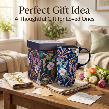 17 oz Ceramic Travel Mug with Lid and Handle, Floral | Tall Tea Cup, Microwave & Dishwasher Safe Coffee Cup, Gift Box Included