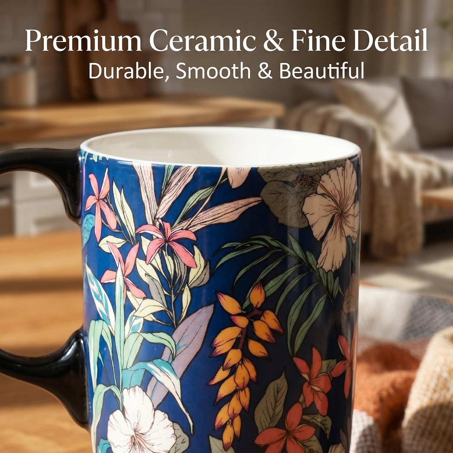 17 oz Ceramic Travel Mug with Lid and Handle, Floral | Tall Tea Cup, Microwave & Dishwasher Safe Coffee Cup, Gift Box Included