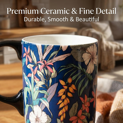 17 oz Ceramic Travel Mug with Lid and Handle, Floral | Tall Tea Cup, Microwave & Dishwasher Safe Coffee Cup, Gift Box Included