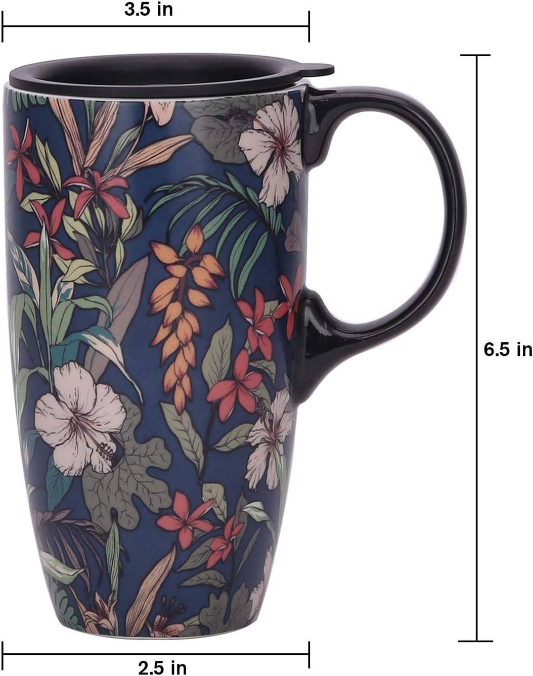 17 oz Ceramic Travel Mug with Lid and Handle, Floral | Tall Tea Cup, Microwave & Dishwasher Safe Coffee Cup, Gift Box Included