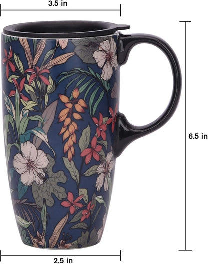 17 oz Ceramic Travel Mug with Lid and Handle, Floral | Tall Tea Cup, Microwave & Dishwasher Safe Coffee Cup, Gift Box Included
