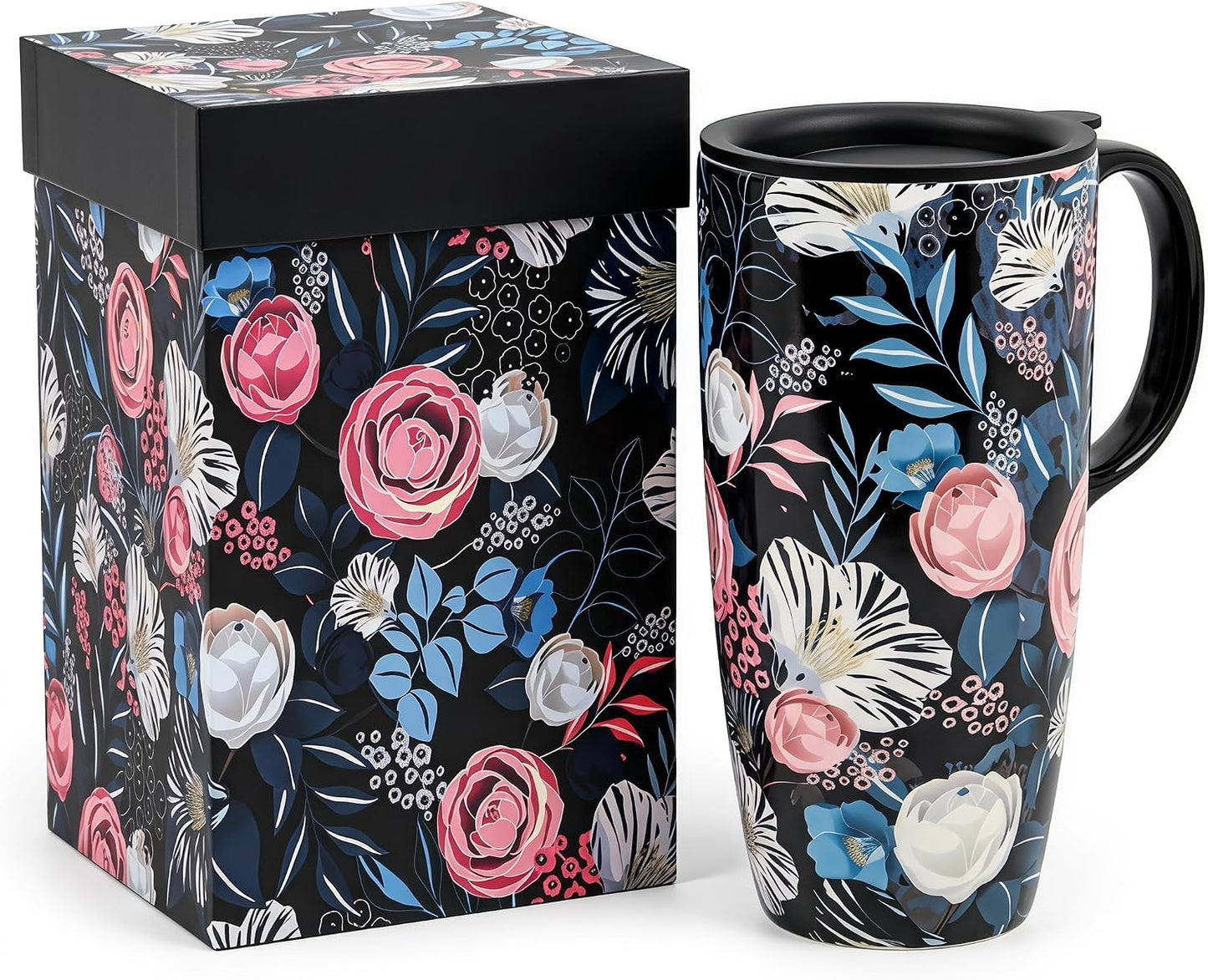 17 oz Ceramic Travel Mug with Lid and Handle, Floral | Tall Tea Cup, Microwave & Dishwasher Safe Coffee Cup, Gift Box Included