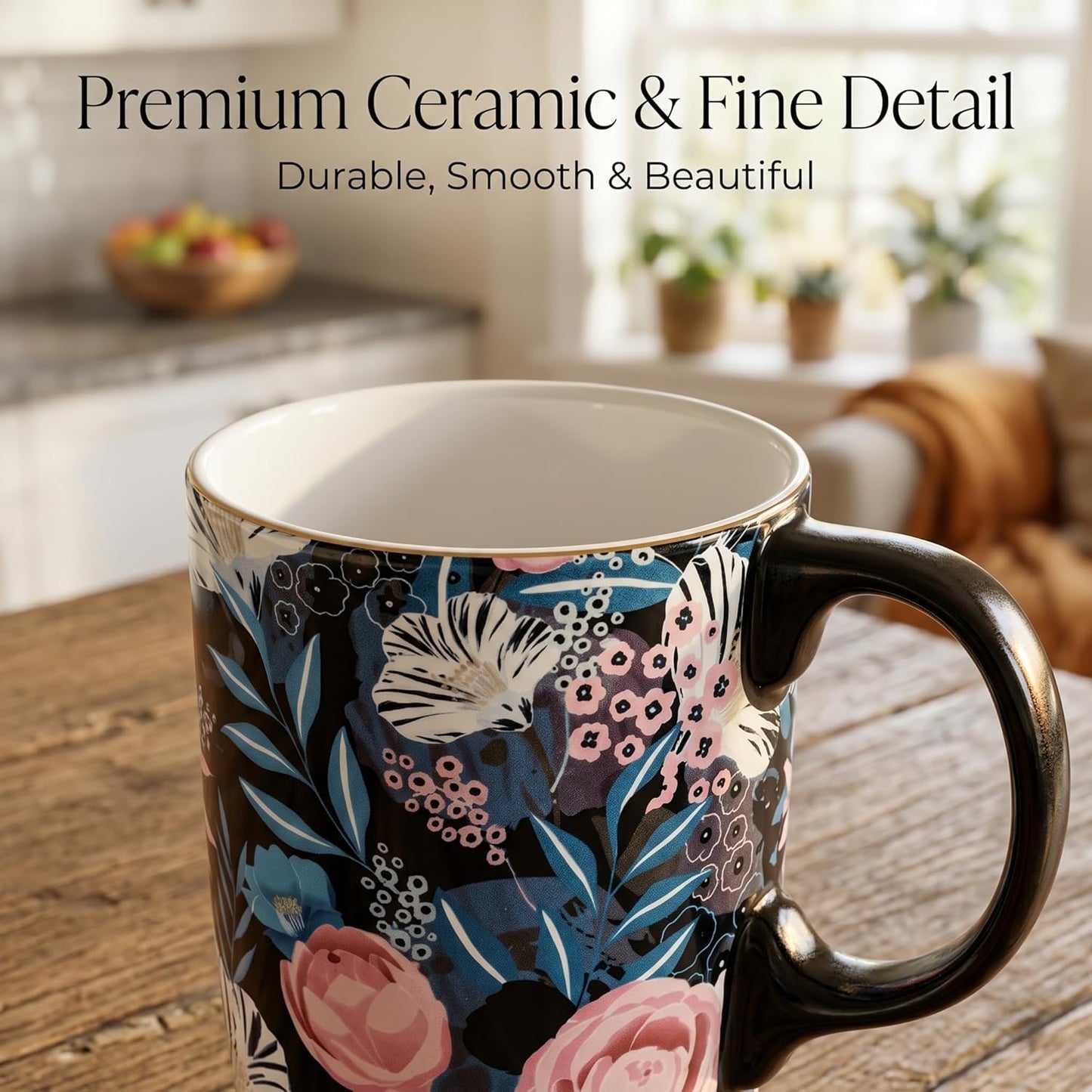 17 oz Ceramic Travel Mug with Lid and Handle, Floral | Tall Tea Cup, Microwave & Dishwasher Safe Coffee Cup, Gift Box Included