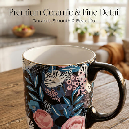 17 oz Ceramic Travel Mug with Lid and Handle, Floral | Tall Tea Cup, Microwave & Dishwasher Safe Coffee Cup, Gift Box Included