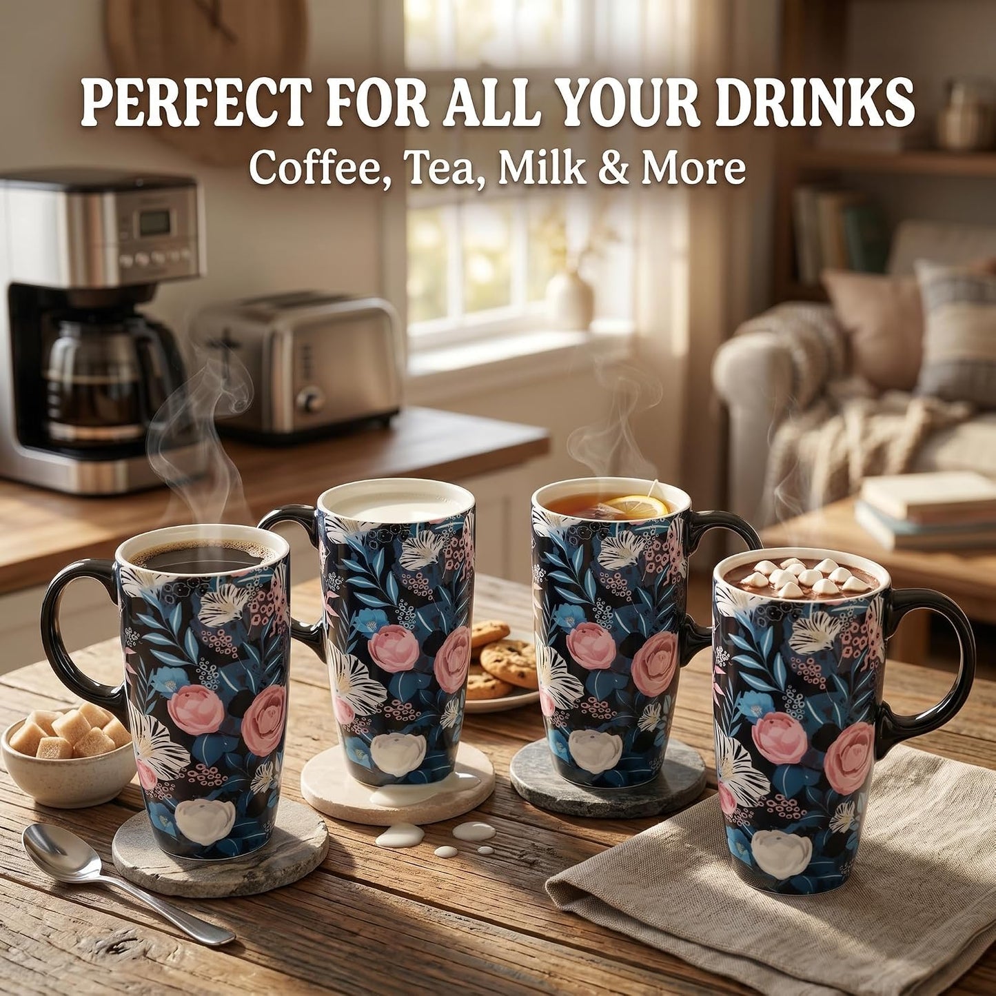 17 oz Ceramic Travel Mug with Lid and Handle, Floral | Tall Tea Cup, Microwave & Dishwasher Safe Coffee Cup, Gift Box Included