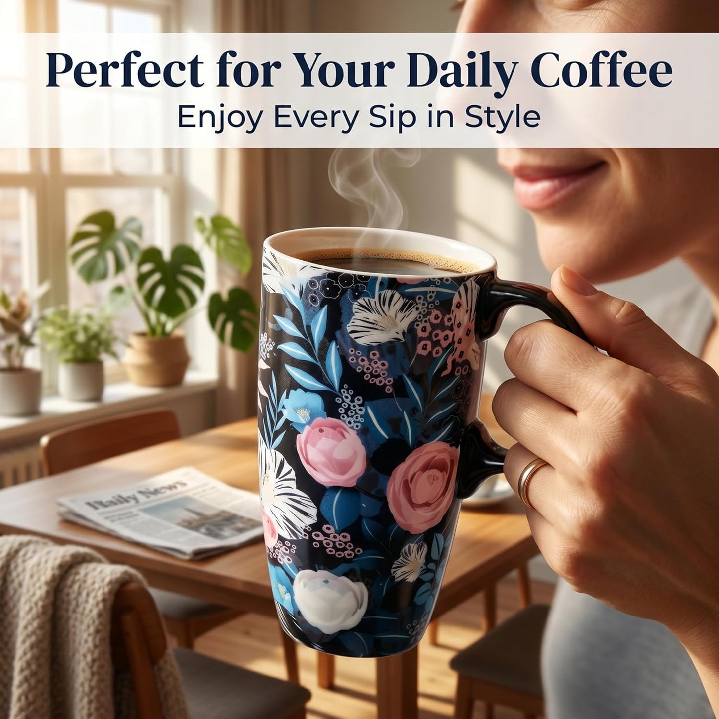 17 oz Ceramic Travel Mug with Lid and Handle, Floral | Tall Tea Cup, Microwave & Dishwasher Safe Coffee Cup, Gift Box Included