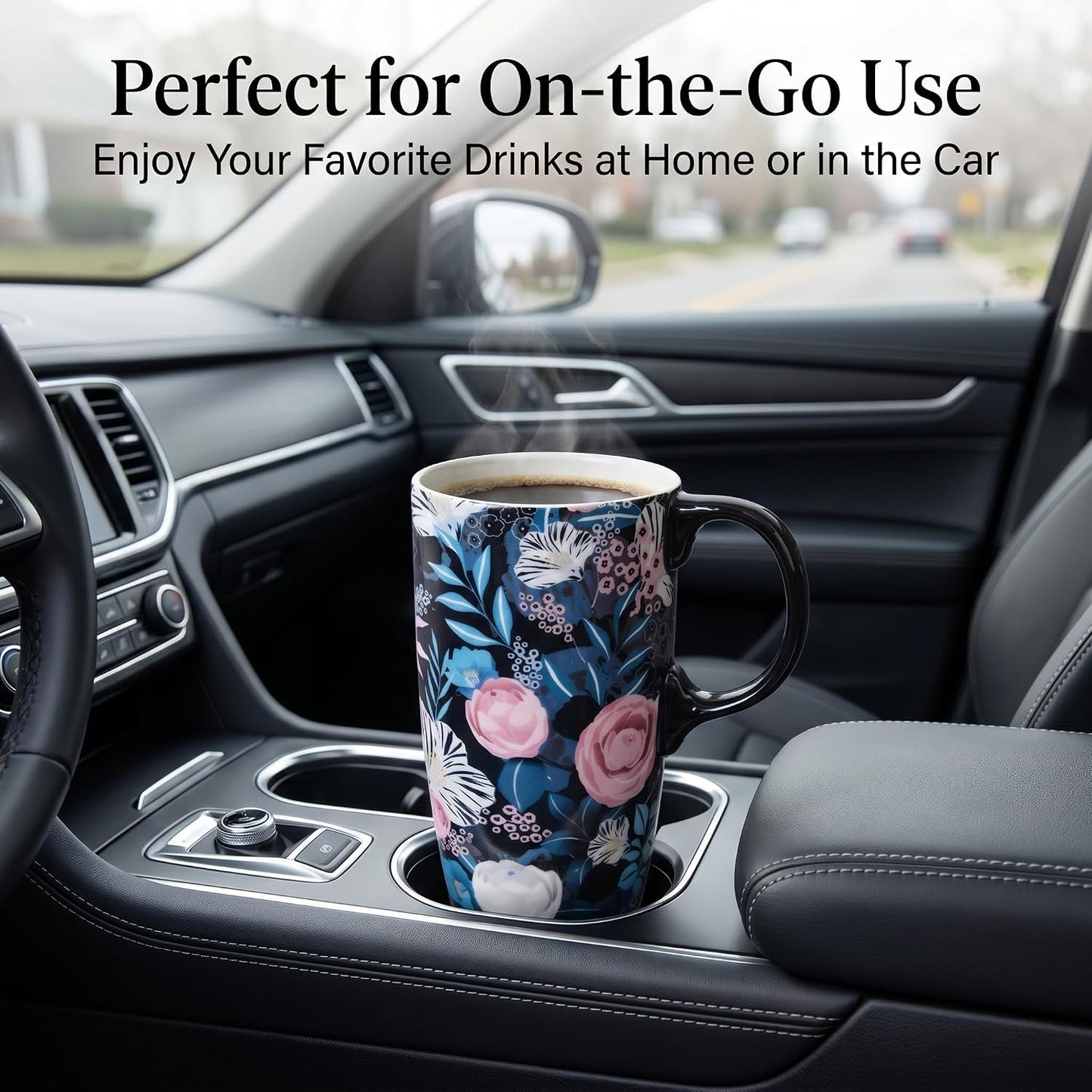 17 oz Ceramic Travel Mug with Lid and Handle, Floral | Tall Tea Cup, Microwave & Dishwasher Safe Coffee Cup, Gift Box Included
