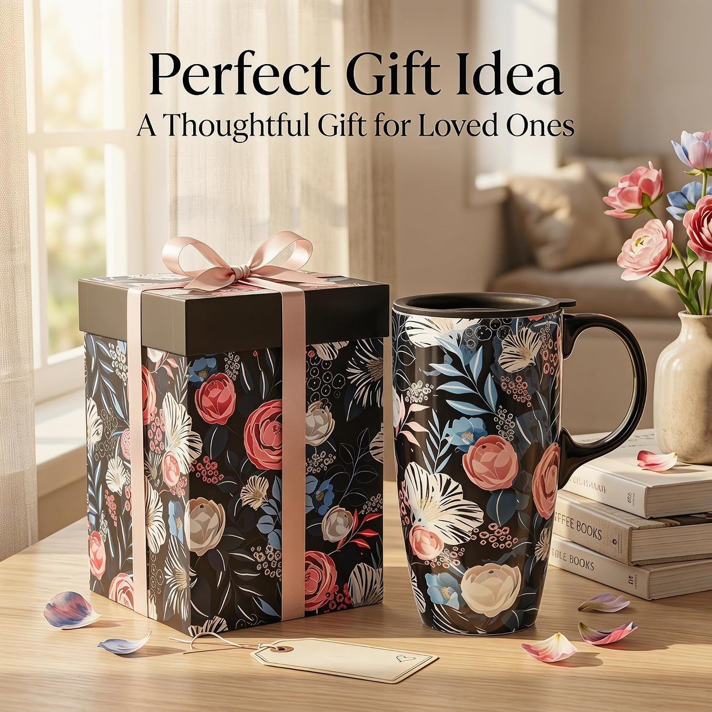 17 oz Ceramic Travel Mug with Lid and Handle, Floral | Tall Tea Cup, Microwave & Dishwasher Safe Coffee Cup, Gift Box Included