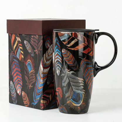 17 oz Ceramic Travel Mug with Lid and Handle, Floral | Tall Tea Cup, Microwave & Dishwasher Safe Coffee Cup, Gift Box Included