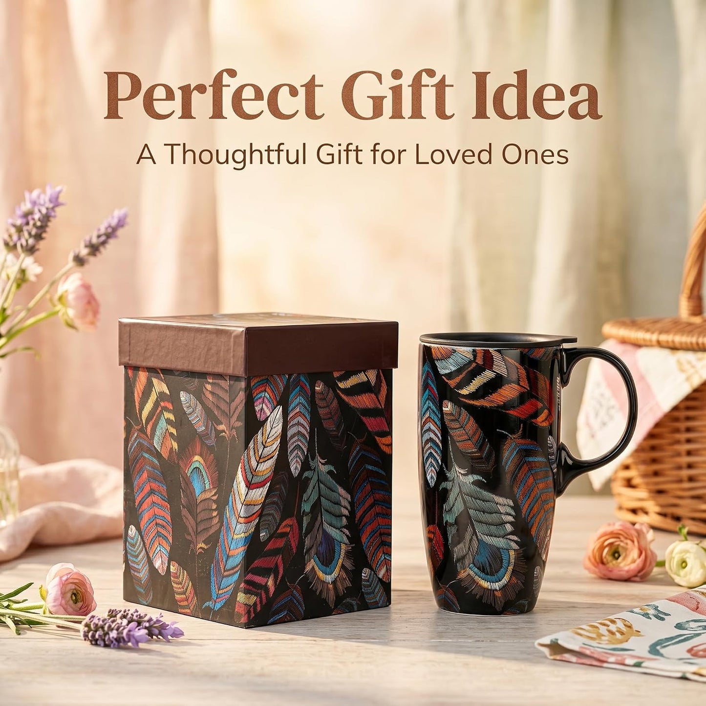 17 oz Ceramic Travel Mug with Lid and Handle, Floral | Tall Tea Cup, Microwave & Dishwasher Safe Coffee Cup, Gift Box Included