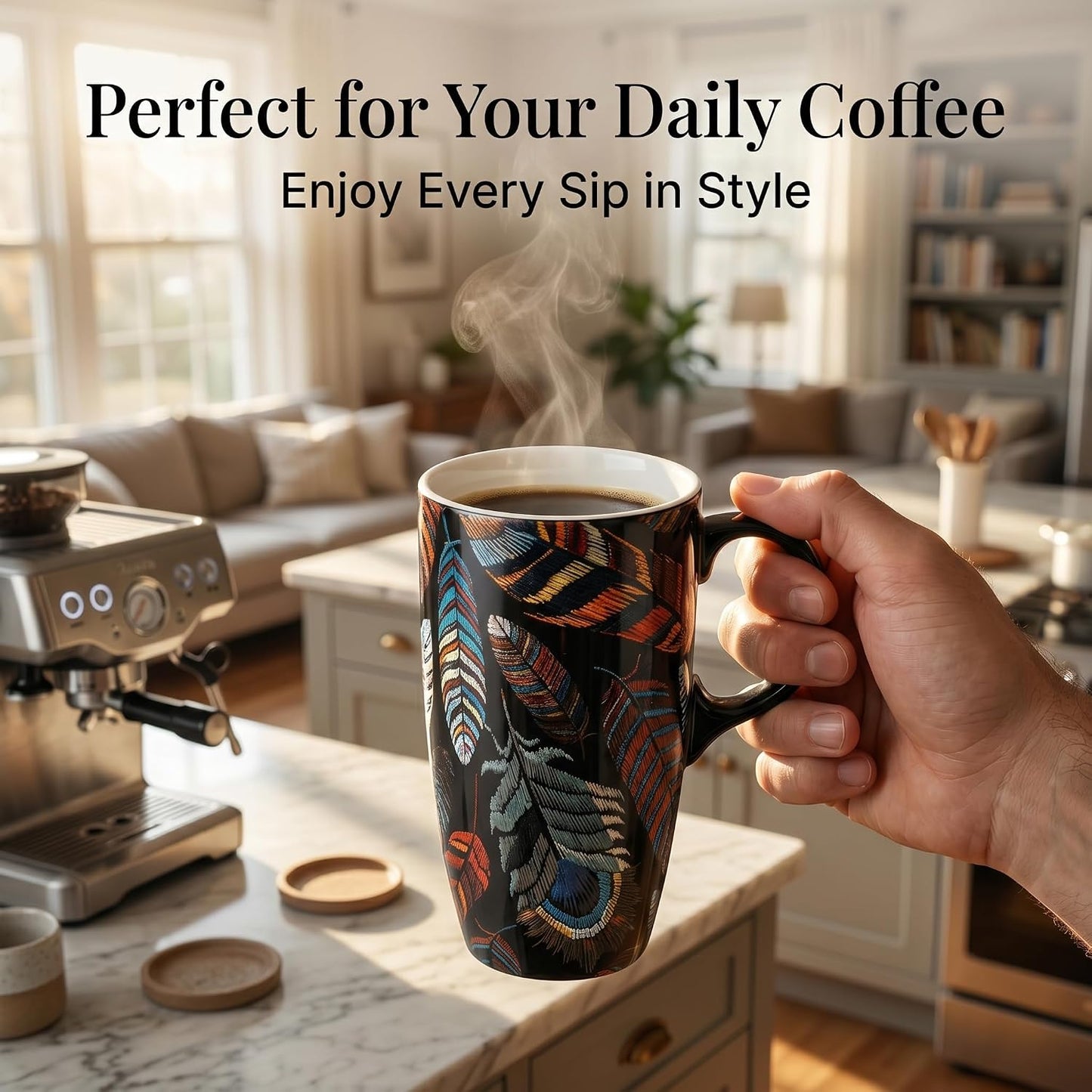 17 oz Ceramic Travel Mug with Lid and Handle, Floral | Tall Tea Cup, Microwave & Dishwasher Safe Coffee Cup, Gift Box Included