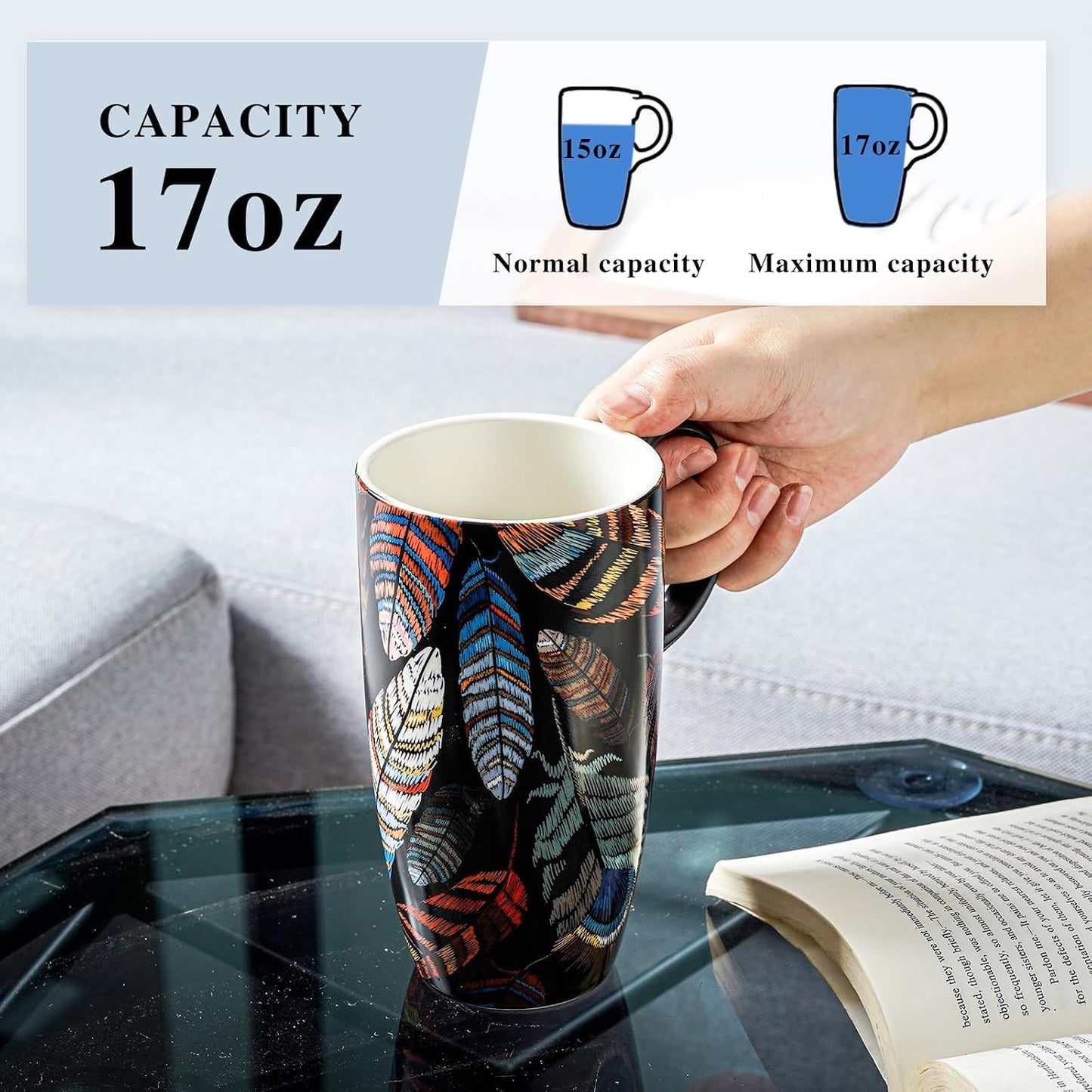 17 oz Ceramic Travel Mug with Lid and Handle, Floral | Tall Tea Cup, Microwave & Dishwasher Safe Coffee Cup, Gift Box Included