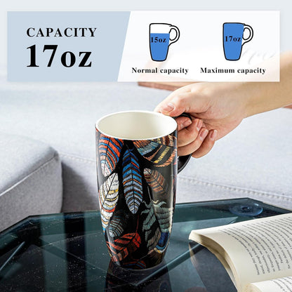 17 oz Ceramic Travel Mug with Lid and Handle, Floral | Tall Tea Cup, Microwave & Dishwasher Safe Coffee Cup, Gift Box Included