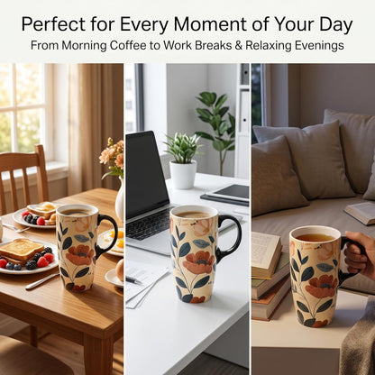 17 oz Ceramic Travel Mug with Lid and Handle, Floral | Tall Tea Cup, Microwave & Dishwasher Safe Coffee Cup, Gift Box Included