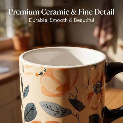 17 oz Ceramic Travel Mug with Lid and Handle, Floral | Tall Tea Cup, Microwave & Dishwasher Safe Coffee Cup, Gift Box Included