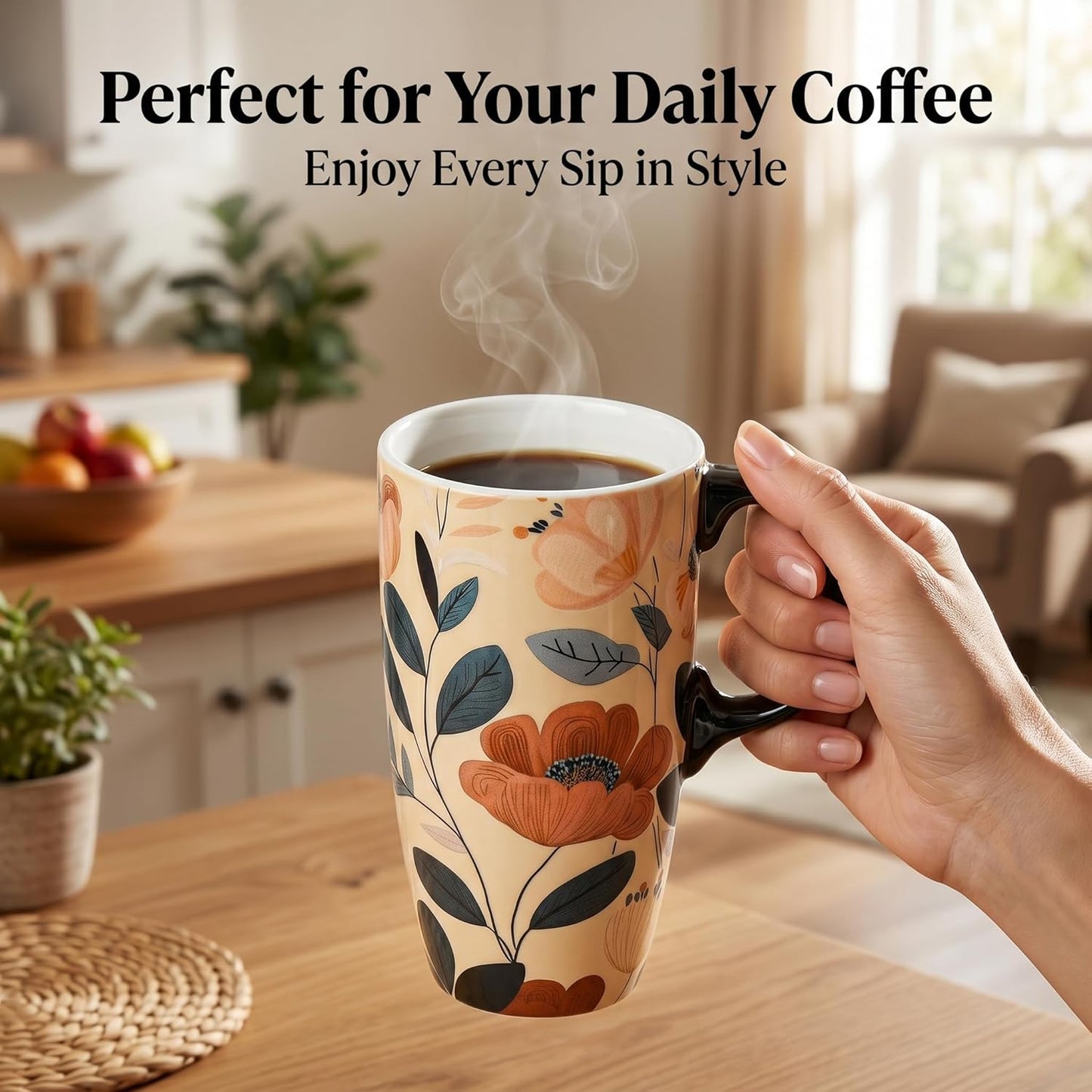17 oz Ceramic Travel Mug with Lid and Handle, Floral | Tall Tea Cup, Microwave & Dishwasher Safe Coffee Cup, Gift Box Included
