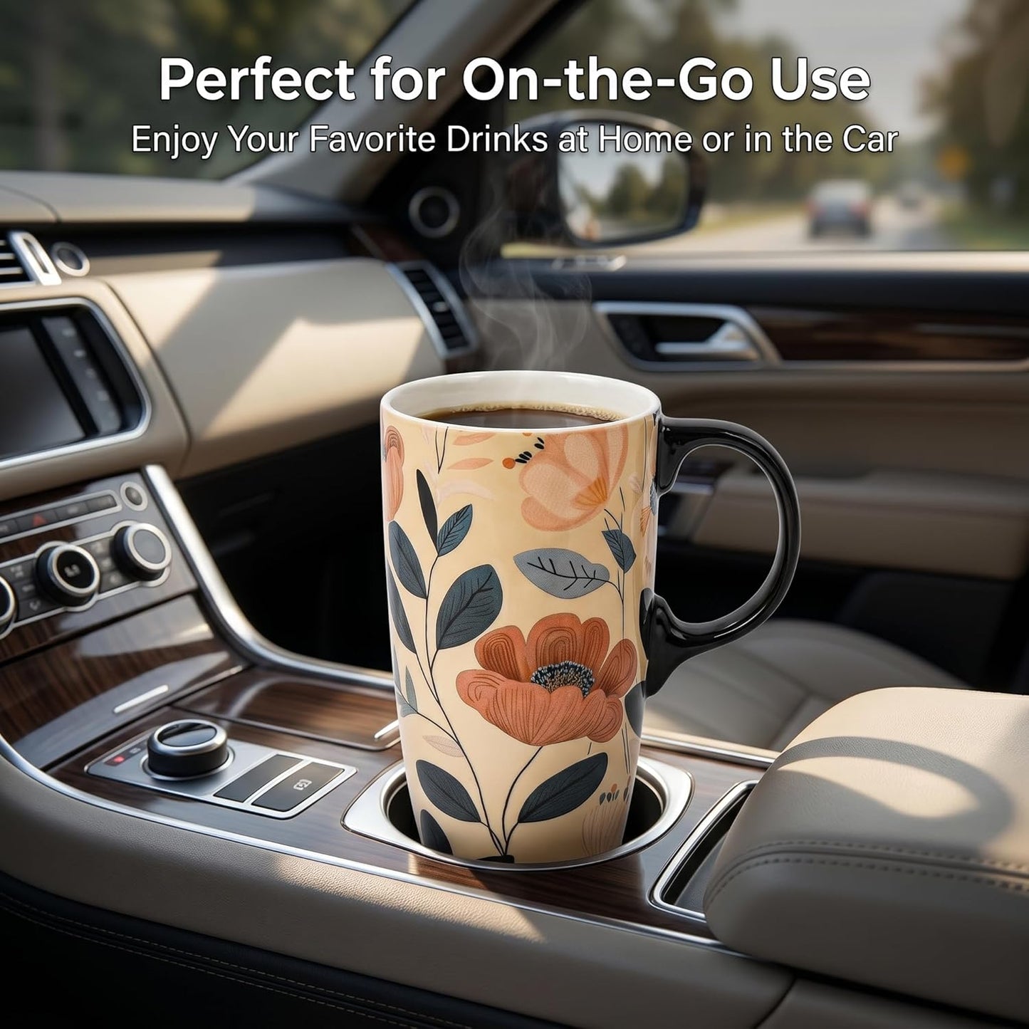 17 oz Ceramic Travel Mug with Lid and Handle, Floral | Tall Tea Cup, Microwave & Dishwasher Safe Coffee Cup, Gift Box Included