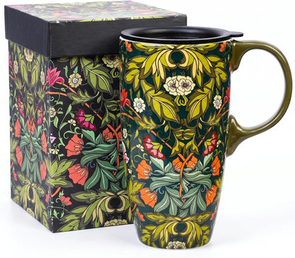 17 oz Ceramic Travel Mug with Lid and Handle, Floral | Tall Tea Cup, Microwave & Dishwasher Safe Coffee Cup, Gift Box Included