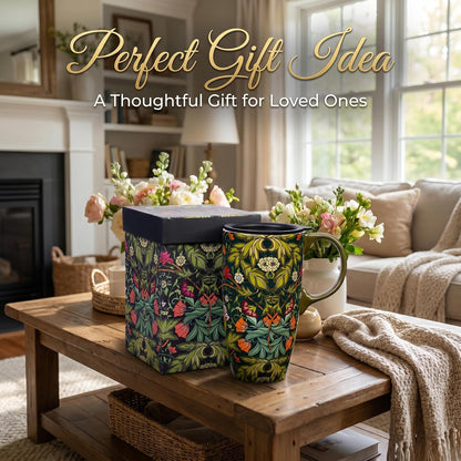 17 oz Ceramic Travel Mug with Lid and Handle, Floral | Tall Tea Cup, Microwave & Dishwasher Safe Coffee Cup, Gift Box Included
