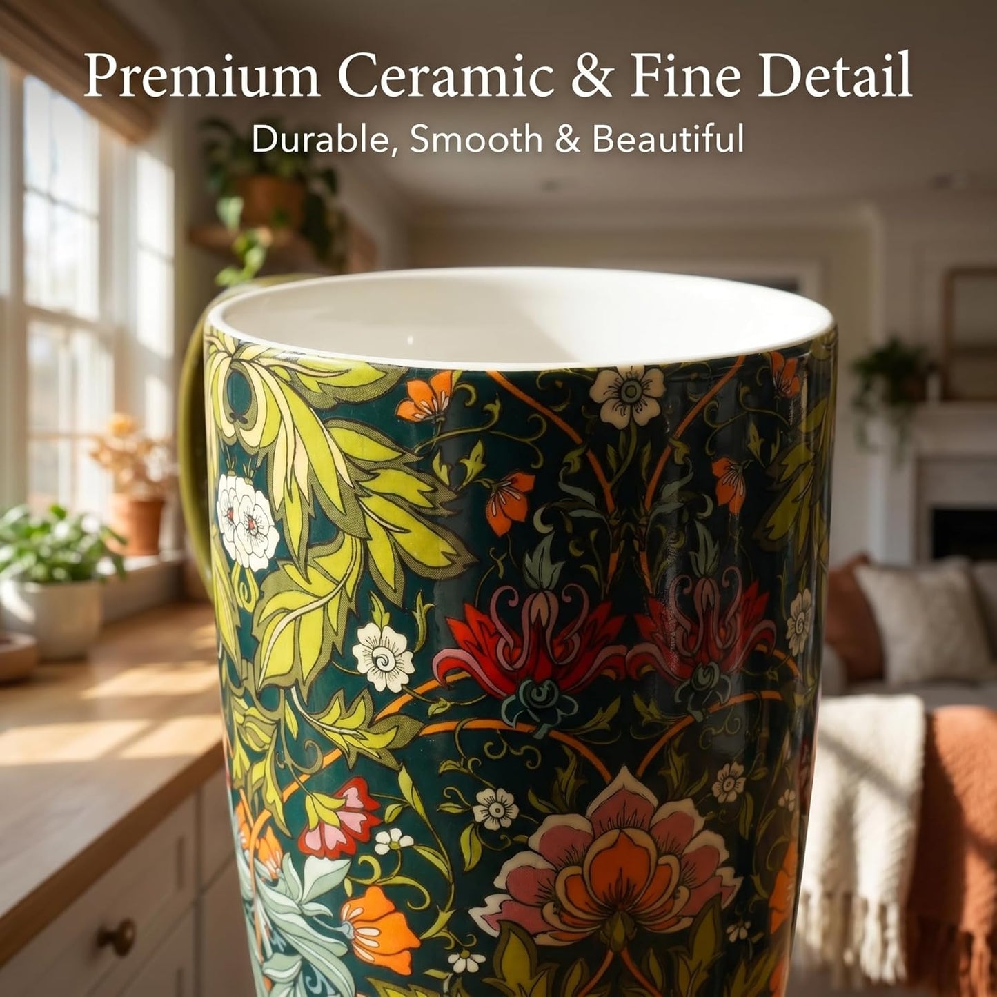 17 oz Ceramic Travel Mug with Lid and Handle, Floral | Tall Tea Cup, Microwave & Dishwasher Safe Coffee Cup, Gift Box Included