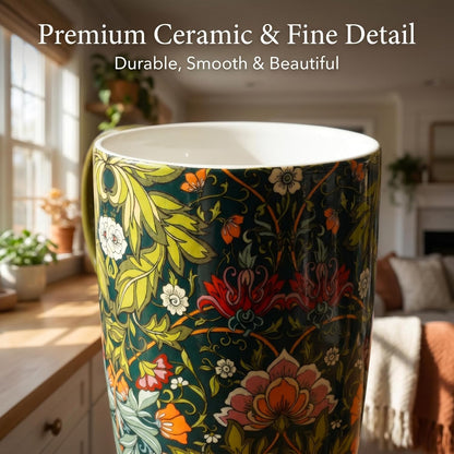 17 oz Ceramic Travel Mug with Lid and Handle, Floral | Tall Tea Cup, Microwave & Dishwasher Safe Coffee Cup, Gift Box Included