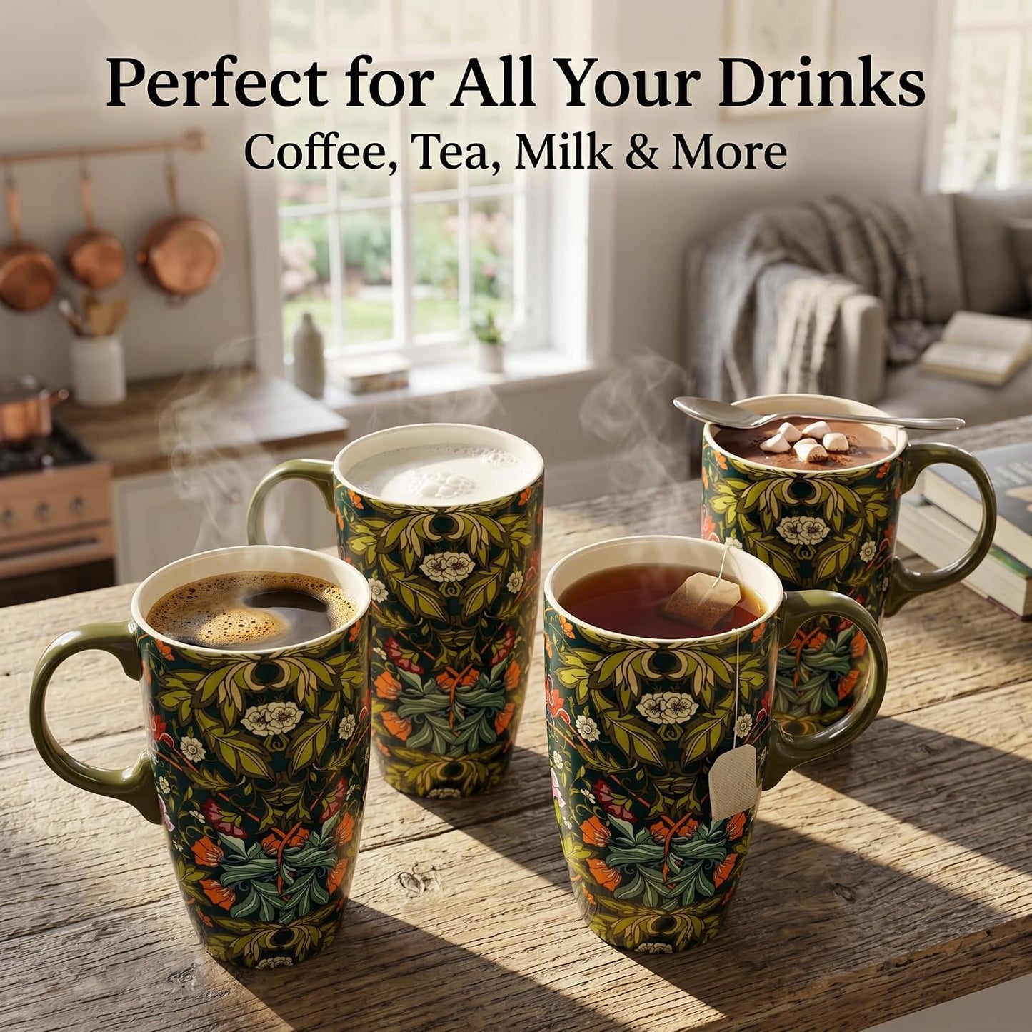 17 oz Ceramic Travel Mug with Lid and Handle, Floral | Tall Tea Cup, Microwave & Dishwasher Safe Coffee Cup, Gift Box Included