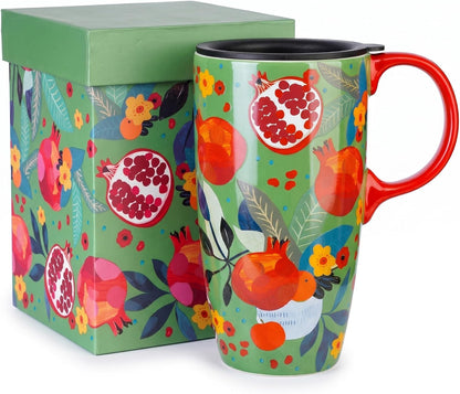 17 oz Ceramic Travel Mug with Lid and Handle, Floral | Tall Tea Cup, Microwave & Dishwasher Safe Coffee Cup, Gift Box Included