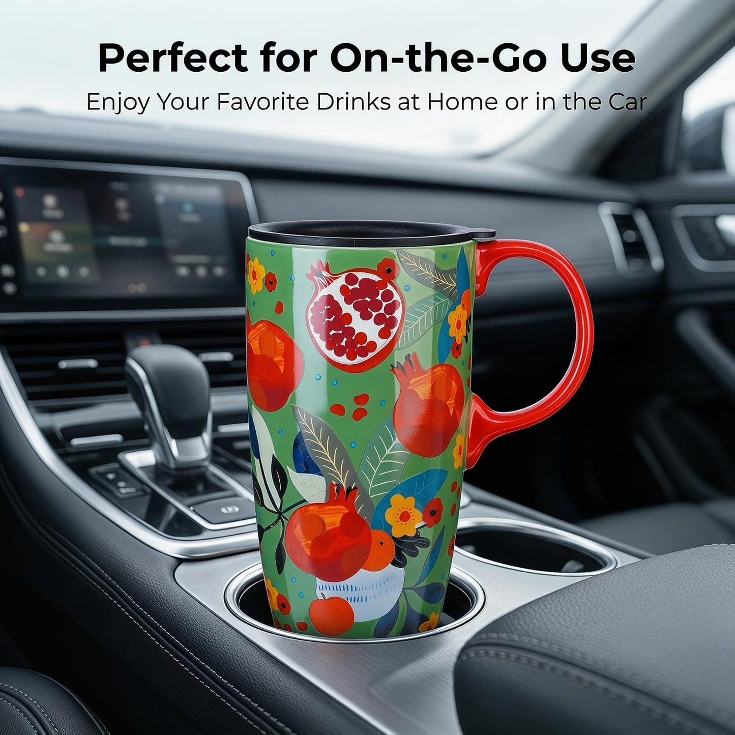 17 oz Ceramic Travel Mug with Lid and Handle, Floral | Tall Tea Cup, Microwave & Dishwasher Safe Coffee Cup, Gift Box Included