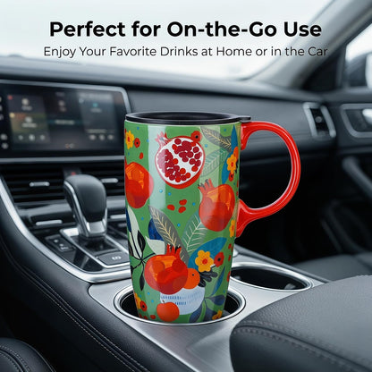 17 oz Ceramic Travel Mug with Lid and Handle, Floral | Tall Tea Cup, Microwave & Dishwasher Safe Coffee Cup, Gift Box Included
