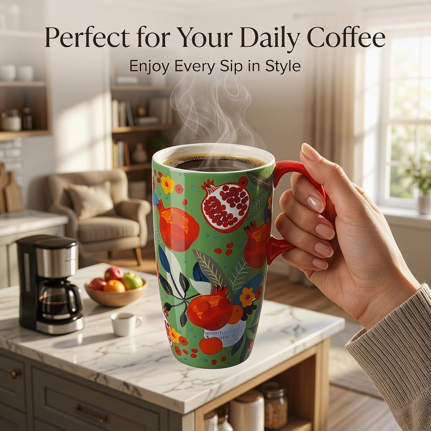 17 oz Ceramic Travel Mug with Lid and Handle, Floral | Tall Tea Cup, Microwave & Dishwasher Safe Coffee Cup, Gift Box Included
