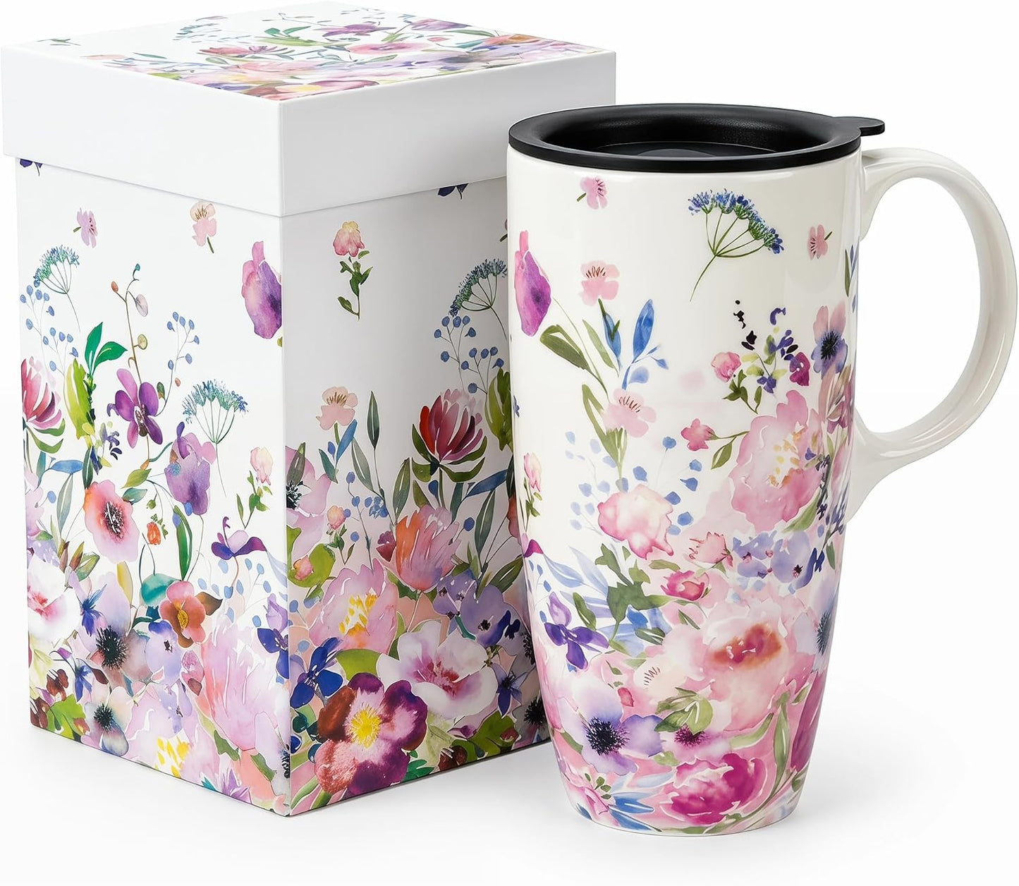 17 oz Ceramic Travel Mug with Lid and Handle, Floral | Tall Tea Cup, Microwave & Dishwasher Safe Coffee Cup, Gift Box Included