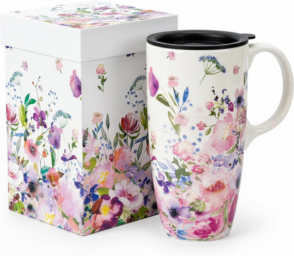 17 oz Ceramic Travel Mug with Lid and Handle, Floral | Tall Tea Cup, Microwave & Dishwasher Safe Coffee Cup, Gift Box Included