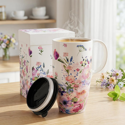 17 oz Ceramic Travel Mug with Lid and Handle, Floral | Tall Tea Cup, Microwave & Dishwasher Safe Coffee Cup, Gift Box Included