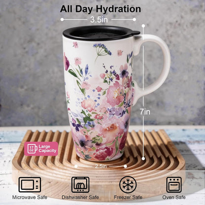 17 oz Ceramic Travel Mug with Lid and Handle, Floral | Tall Tea Cup, Microwave & Dishwasher Safe Coffee Cup, Gift Box Included