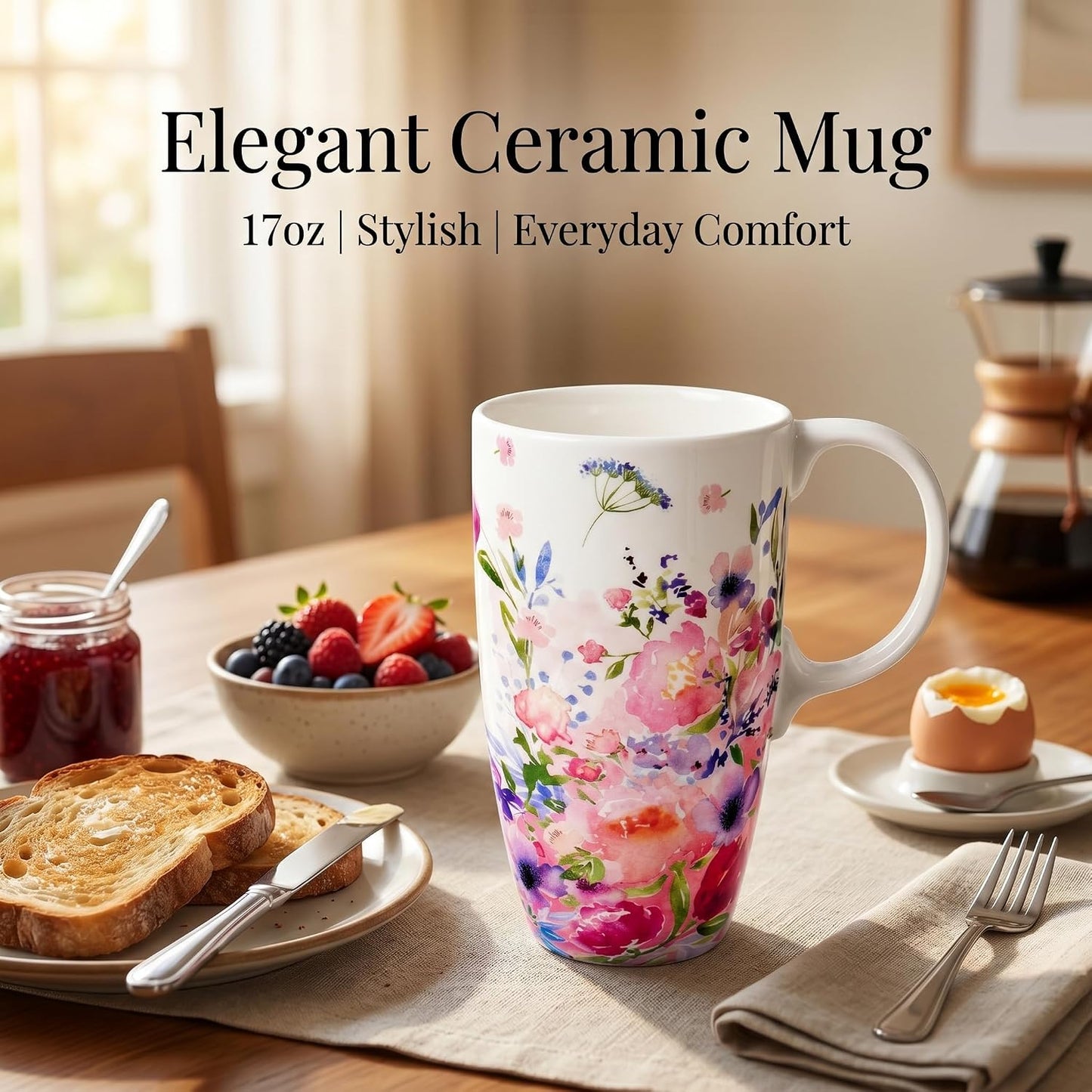 17 oz Ceramic Travel Mug with Lid and Handle, Floral | Tall Tea Cup, Microwave & Dishwasher Safe Coffee Cup, Gift Box Included