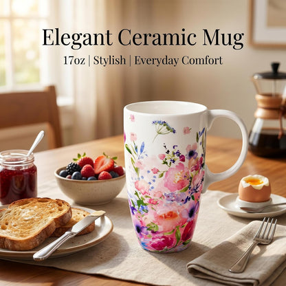 17 oz Ceramic Travel Mug with Lid and Handle, Floral | Tall Tea Cup, Microwave & Dishwasher Safe Coffee Cup, Gift Box Included