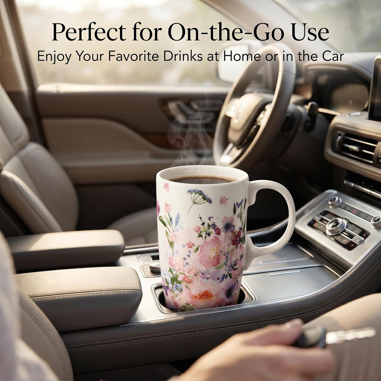 17 oz Ceramic Travel Mug with Lid and Handle, Floral | Tall Tea Cup, Microwave & Dishwasher Safe Coffee Cup, Gift Box Included