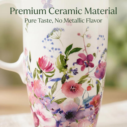 17 oz Ceramic Travel Mug with Lid and Handle, Floral | Tall Tea Cup, Microwave & Dishwasher Safe Coffee Cup, Gift Box Included