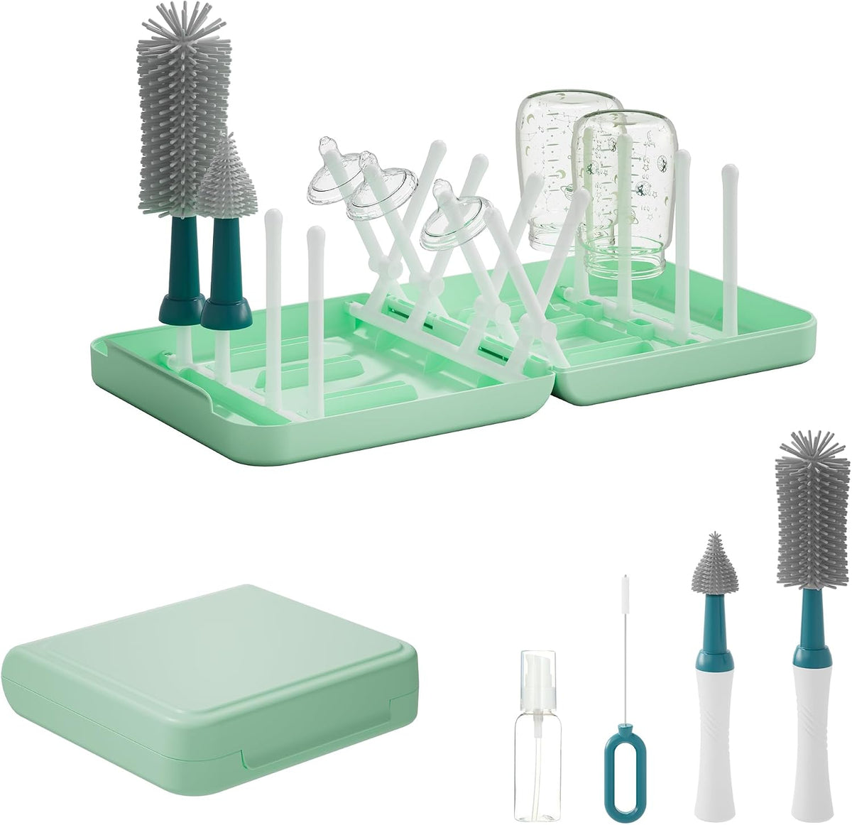 Powerful Electric Baby Bottle Brush Cleaner Set,Complete with Silicone Bottle/Nipple/Gap/Straw Brushes,Plus a Dispenser and Foldable Drying Rack,Effort Electric Cleaning Brush,Portable Travel Set