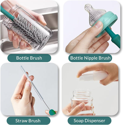 Powerful Electric Baby Bottle Brush Cleaner Set,Complete with Silicone Bottle/Nipple/Gap/Straw Brushes,Plus a Dispenser and Foldable Drying Rack,Effort Electric Cleaning Brush,Portable Travel Set