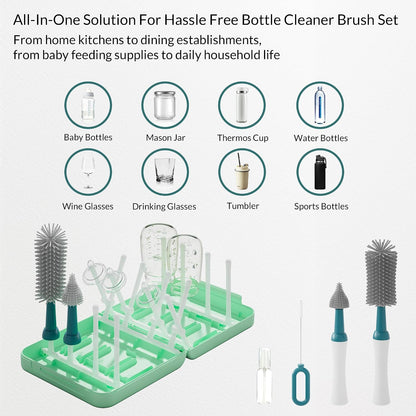 Powerful Electric Baby Bottle Brush Cleaner Set,Complete with Silicone Bottle/Nipple/Gap/Straw Brushes,Plus a Dispenser and Foldable Drying Rack,Effort Electric Cleaning Brush,Portable Travel Set