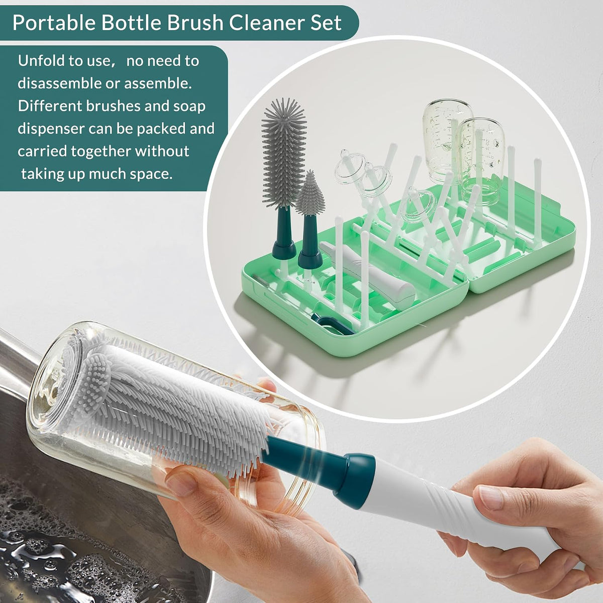 Powerful Electric Baby Bottle Brush Cleaner Set,Complete with Silicone Bottle/Nipple/Gap/Straw Brushes,Plus a Dispenser and Foldable Drying Rack,Effort Electric Cleaning Brush,Portable Travel Set