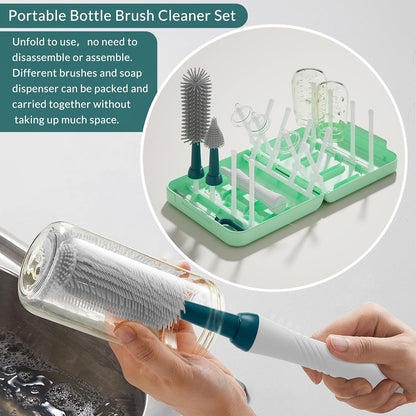 Powerful Electric Baby Bottle Brush Cleaner Set,Complete with Silicone Bottle/Nipple/Gap/Straw Brushes,Plus a Dispenser and Foldable Drying Rack,Effort Electric Cleaning Brush,Portable Travel Set