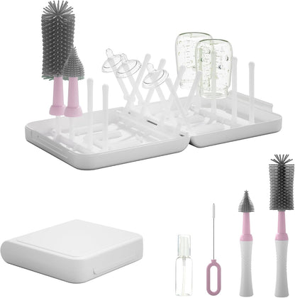 Powerful Electric Baby Bottle Brush Cleaner Set,Complete with Silicone Bottle/Nipple/Gap/Straw Brushes,Plus a Dispenser and Foldable Drying Rack,Effort Electric Cleaning Brush,Portable Travel Set