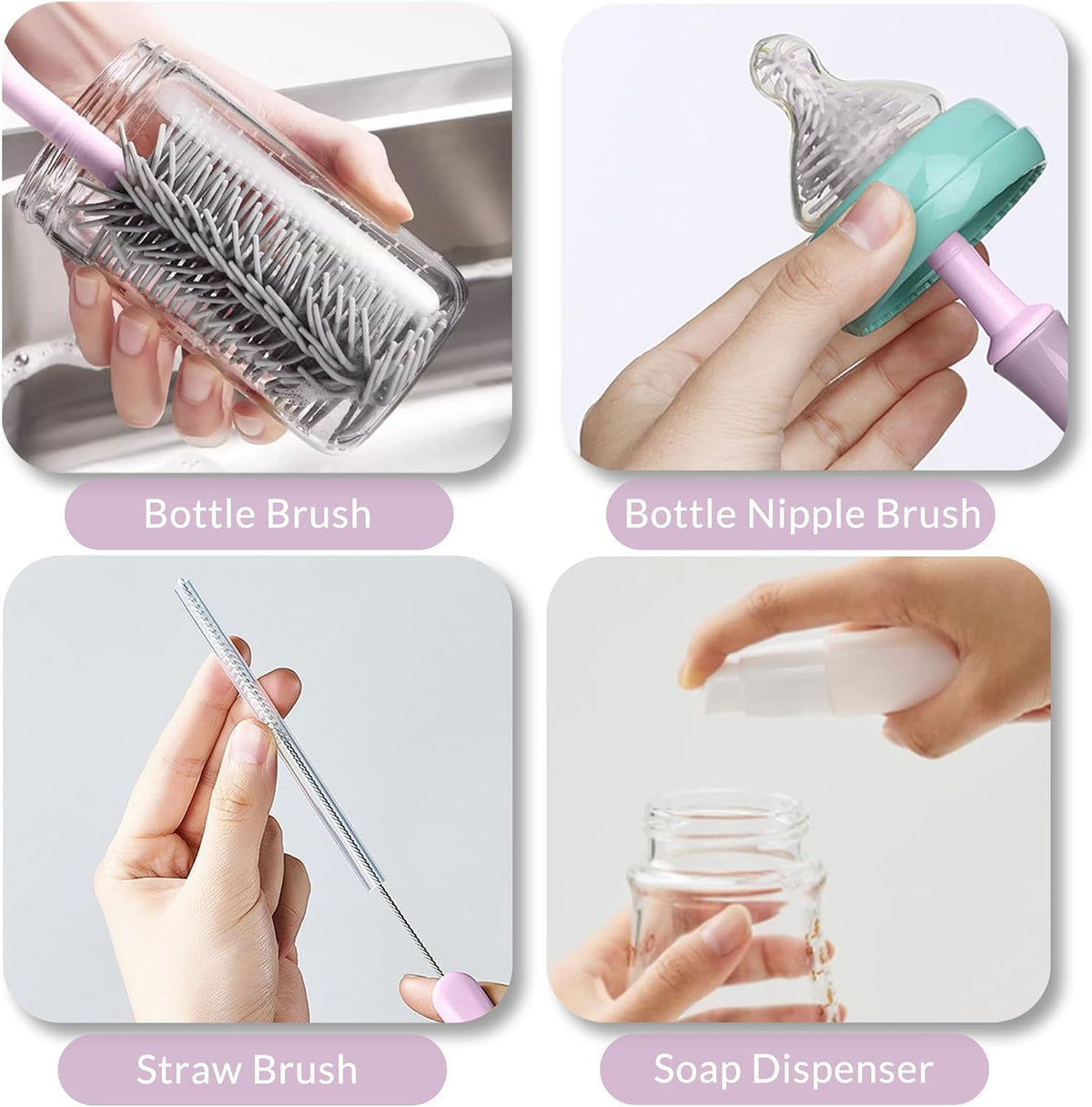 Powerful Electric Baby Bottle Brush Cleaner Set,Complete with Silicone Bottle/Nipple/Gap/Straw Brushes,Plus a Dispenser and Foldable Drying Rack,Effort Electric Cleaning Brush,Portable Travel Set