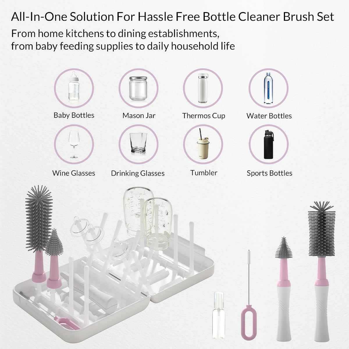 Powerful Electric Baby Bottle Brush Cleaner Set,Complete with Silicone Bottle/Nipple/Gap/Straw Brushes,Plus a Dispenser and Foldable Drying Rack,Effort Electric Cleaning Brush,Portable Travel Set