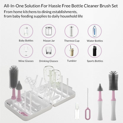 Powerful Electric Baby Bottle Brush Cleaner Set,Complete with Silicone Bottle/Nipple/Gap/Straw Brushes,Plus a Dispenser and Foldable Drying Rack,Effort Electric Cleaning Brush,Portable Travel Set