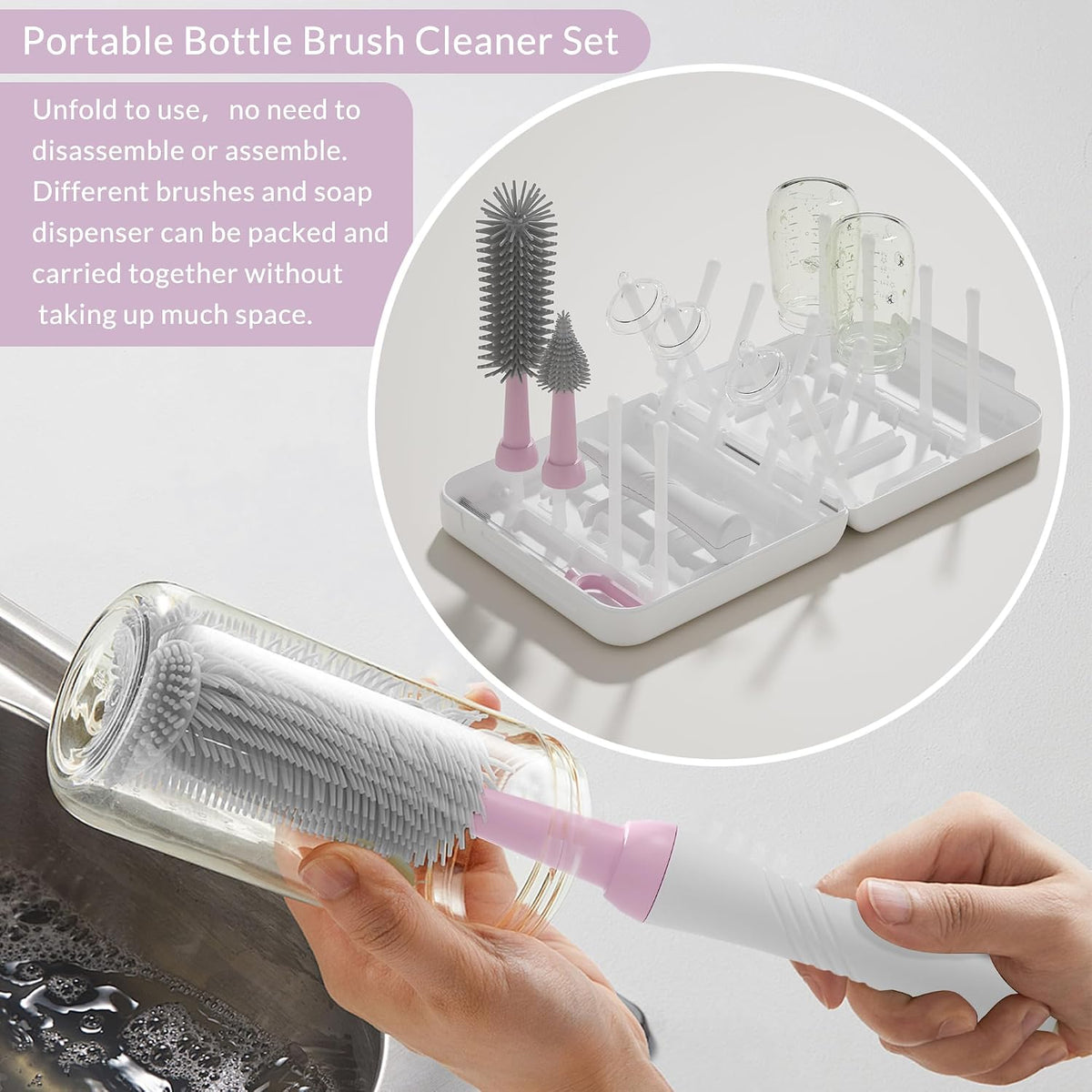 Powerful Electric Baby Bottle Brush Cleaner Set,Complete with Silicone Bottle/Nipple/Gap/Straw Brushes,Plus a Dispenser and Foldable Drying Rack,Effort Electric Cleaning Brush,Portable Travel Set