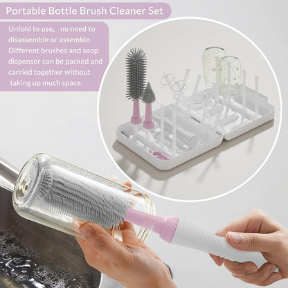 Powerful Electric Baby Bottle Brush Cleaner Set,Complete with Silicone Bottle/Nipple/Gap/Straw Brushes,Plus a Dispenser and Foldable Drying Rack,Effort Electric Cleaning Brush,Portable Travel Set